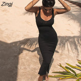 Women Long Sundress with Slit Solid Color Slim Fit Summer Casual Sleeveless Party Bodycon Dress