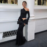 New Women's Fashion Personality Slanted Shoulder Metal Decorative Horn Sleeve Top High Waist Half Skirt