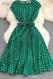 Vintage Polka Dot Pleated Dress Women Red/Green/Black Draped Knee Length Vestidos Female Elegant Robe New