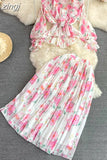 Floral Printed Two Piece Set Spring Autumn V-Neck Ruffle Draped Flare Sleeve Chiffon Blouse+High Waist Pleated Skirt