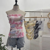 Thai-Style Splash Ink Dye Mesh Wrap Chest Vest Irregular Stacked Folded Sleeveless Top