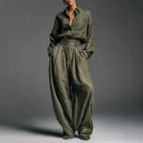 Women's Shirt Trousers Two-Piece Open Shirt Long Sleeves Loose Fashion Sex Style Retro Women