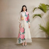 Court Dress Female Senior Sense Strap To The Waist Lantern Sleeve Print Single Buckle Mesh Elegant