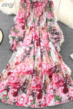 Vintage Women Floral Chiffon Midi Dress Elegant Ruffle Stand Collar Lantern Long Sleeve High Waist Big Swing Draped