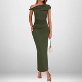 Summer Women's Temperament Elegant Fashion Sexy Solid Color Oblique Shoulder High-Waisted