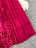 Women Lace Patchwork Pleated Long Dress Elegant Round Neck Short Sleeve High Waist Draped Party Maxi Vestidos Female