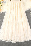 Summer Solid Lace Skirt Women Sweet Mesh High Waist Elegant Office Ladies Korean A-Line Long Skirts