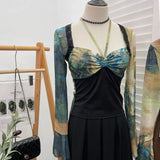 Spring Dress French Court Style Lace Lace Spliced Printed Horn Long-Sleeved T-Shirt
