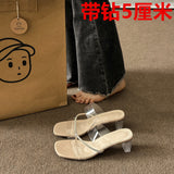 Women Wear 2025 Summer New Fashion Round Head Thick Heel Net Red Crystal Slippers Women's