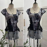 Industrial Lace Splicing Elastic Print With Bow Short-Sleeved T-Shirt