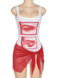 Print Women Two Piece Sets Sleeveless Casual Skinny Low-Neck Bodysuit+Mesh See Through Bandange Skirts Matching