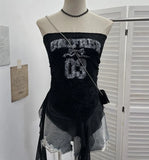 Shot With Anti-Slip Letter Print Chest Vest Tsets Lace Splicing Mesh Yarn Irregular Top