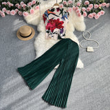 Zingj Suit Female Light Ripe Wind Short Sleeve Standing Collar Slim Print Pleated Top Two-Piece High Waist Show Slim Wide Leg