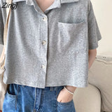 Women Crop Top Pocket Solid Summer New Designed Korean Style Loose Slim Breathable All-match Trendy Students Preppy