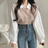 Zingj Plus Size Fat Mm Fake Two T-Shirt Female Splicing POLO Collar Long Sleeve Hoodie Screw Thread Loose Versatile