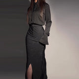 Zingj 2023 New Fashion Temperament Elegant Heavy Industry Diamond Split Hip Skirt Set-Outfit