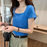 Version Of Knitted Short-Sleeved T-Shirt Women's New Summer Slim Thin Solid Color Full-Length Short-Style Blouse