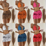 2022 New Marble Printed Mesh Three-Piece Short Skirt Swimsuit