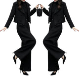 Winter Small Fragrant Hair, Two Trouser Sets Of Women's Fashion Temperament Black Casual Broad Leg Trousers Suit