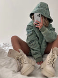 Retro Green Wear Denim Hooded Cotton Clothes Women Multi-Pocket Workwear Style Loose Version Of Autumn And Winter
