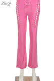 Women Lace Up PU Leather Pants Leggings Hollow Out High Waist Punk Trousers Drawstring Bandage Cut Out Tights