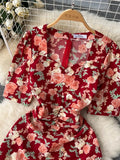 Women Floral Long Dress Elegant Square Collar Short Sleeve High Waist A-Line Casual Vestidos Female Robe New Fashion