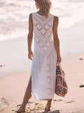 Sleeveless Dress Women Knitted Summer Beach Dress Female Fashion Hollow Out SwimSuit Cover Ups Maxi Dress Vestido