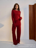 2025 New Soft Model Set Women's Casual Blouse + Broad Legs Christmas Red