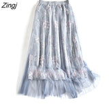 Long Tulle Midi Skirt Women Embroidery Butterfly High Waist Mesh Pleated Skrit Korean Sweet Pink Gray Tutu Skirts