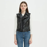 Women's New Solid Color Slim Short Locomotive Vest Lapel Belt Zip Commuter Pu Leather