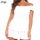 Women's Summer Short A-line Dress Short Sleeve Off Shoulder Swiss Dot Layered Ruffle Dress