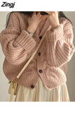 Quality Vintage Solid Cardigan Crop Women V-neck Single Breasted Casual Loose Thick Sweater Knitwear Elegant Winter