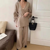 2025 New Fashion Retro Lazy Knitted Set Women's Cardigan Jacket Wide Leg Pants Two