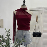 Shooting 2025 Spring New Mesh Hanging Neck Top Women With Asymmetric Sleeveless Vest Short Top