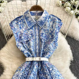 Luxury French Style Sleeveless Print Dress Female Polo Collar Hook Hollow Design Lady
