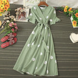 Polka Dot Midi Dress Summer 2023 Sexy V-neck Flare Sleeve Casual Vestidos Verano Elegant Blue/White Sashes Dresses