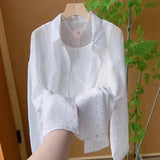 New French Fashion Design Slid Sun Protection Blouse POLO Thin Perspective White Shirt