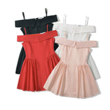 Spring New Sweet One Word Collar Sling Dress Sexy Back Chic Slim Short