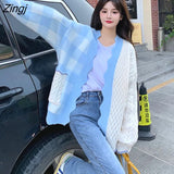 Japanese Soft Milk Sweet Blue Plaid Wind Color Contrast Sweater V-neck And Lapel Knitted Cardigan Pullover Girlfriends