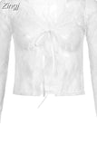 Fashion White Lace Top Women T-shirt Transparent Summer Front Tie Up Crop Tops Retro Cardigan Long Sleeve
