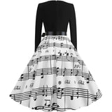Women Long Sleeve Winter Vintage Dresses Sexy Black Music Note Print V-neck Rockabilly Pin up Party Dress Vestidos Plus