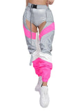 Women Buckles Bottomless Pants High Waist Cargo Trousers Crothchless Color Block Boggy Trousers Long Rave