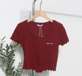 Casual Wood-Eared Embroidery Short Small Cardigan Bottom Shirt T-Shirt T-Enum T-Shirt