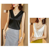 Summer Fashion Silk Womens Blouses Satin Tops Woman Shirts Embroidery Sleeveless Ladies Top V-neck Lace OL Women