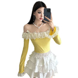 2025 New Sweet Girl Lace Splicing Bow Long-Sleeved T-Shirt Girl Body One-Word