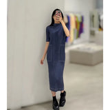 Folded Women's Line Dress Women Seven-Sleeved Small V-Neck Fashion Simple Temperament Commuting Long