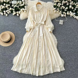 Elegant Dress Women Autumn Fasting Small High-Grade Lace Splicing Single Buckle Waist Over Knee