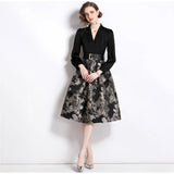 Dress Women's Autumn New Light Luxury Niche High-End Feeling Deep V-Neck Splicing Of The Flowers Showing Thin And Fluffy Long