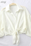 2023 Summer Half Sleeve Buttoned Up Shirt Loose Casual Blouse Chiffon Shirts Women Tied Waist Elegant Blouses for
