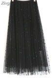 Layers Mesh Sweet Dot Pleated Skirt Women Solid Elastic Waist Spring Summer Elegant Office Ladies Long Skirts Casual